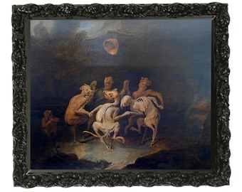May include: A framed oil painting depicting a group of skeletal figures with human-like faces dancing in a dark, shadowy landscape. The figures are dressed in tattered clothing and appear to be celebrating or reveling in their skeletal state.