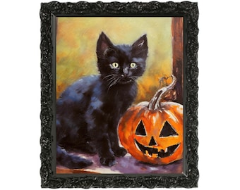 May include: A framed painting of a black cat and a jack-o'-lantern. The cat has yellow eyes and is sitting next to the carved pumpkin. The frame is black and ornate, and the background is a blurred mix of yellow and brown.