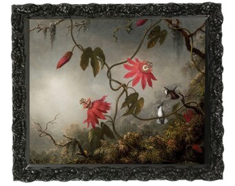 Passion Flowers & Hummingbird Art Print, Antique Gothic Dark Artwork, Vintage Esoteric Gothic Moody Wall Decor Download