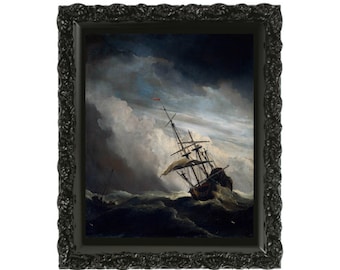 Stormy Ocean Painting, Dark Ocean Painting,  Dark Ocean Wall Art, Moody Ocean Painting,  Sea at Night, Ship in Storm Art, Moody Ocean Art