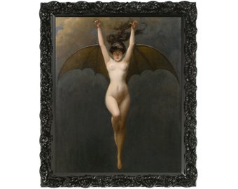 May include: A framed painting of a woman with bat wings, flying against a dark background. The woman is nude and has her arms outstretched. The painting is in a black frame with ornate details.