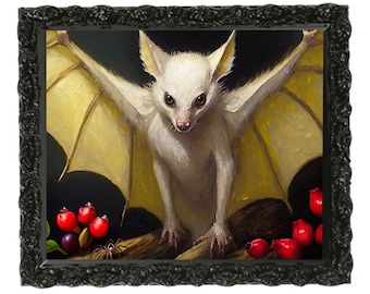 May include: A white bat with yellow wings is perched on a branch with red berries. The bat has a menacing expression and is looking directly at the viewer.