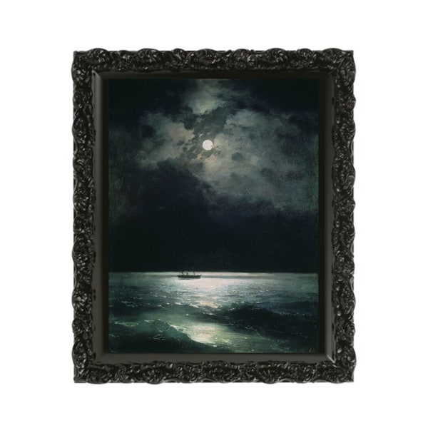 The Black Sea at Night, Moonlit Sea Art Print, Midnight Sea Art, Dark Night Art, Full Moon Painting, Moonlit Night Painting, Night Sky Art