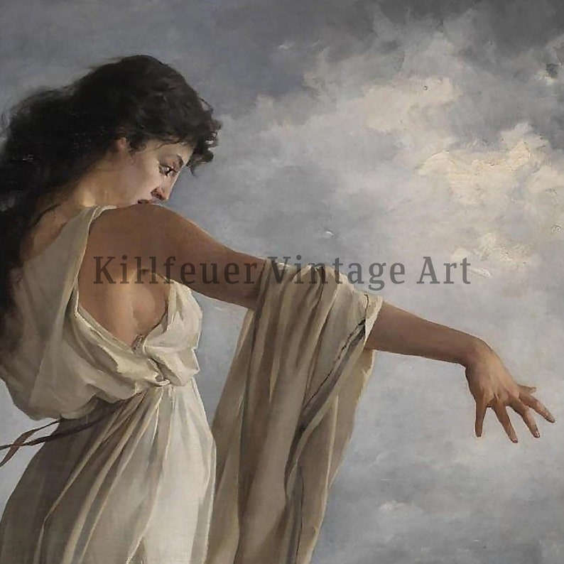 Peut inclure: Peinture classique d'une femme en robe blanche fluide, les cheveux sombres tombant dans son dos. Elle tend le bras droit, sur fond de ciel nuageux. Le texte "Kihlfeuer/Vintage Art" est visible.