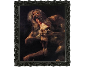 May include: A painting of a monstrous figure with a long white beard, holding a smaller figure in its mouth. The larger figure has a dark, fleshy body and a menacing expression. The smaller figure is pale and appears to be struggling. The painting is dark and dramatic, with a sense of horror and violence.