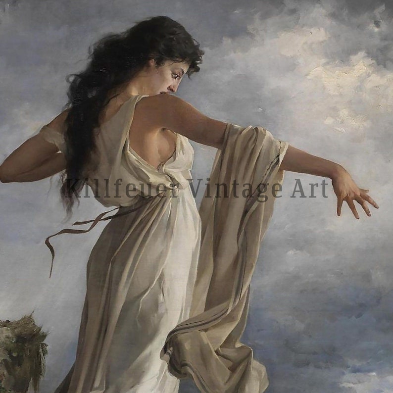 Peut inclure: Peinture vintage d'une femme en robe blanche, les cheveux sombres tombant dans le dos. Elle tend le bras, sur fond de ciel nuageux. L'&oelig;uvre est sign&eacute;e "Knillfeuer Vintage Art".