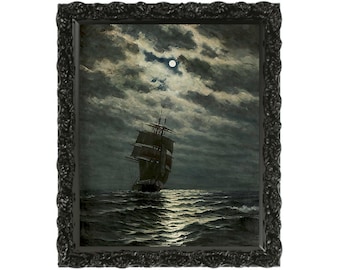 May include: A framed painting depicting a ship sailing on a dark, stormy sea under a full moon. The ship is silhouetted against the clouds and the moon is bright and white.