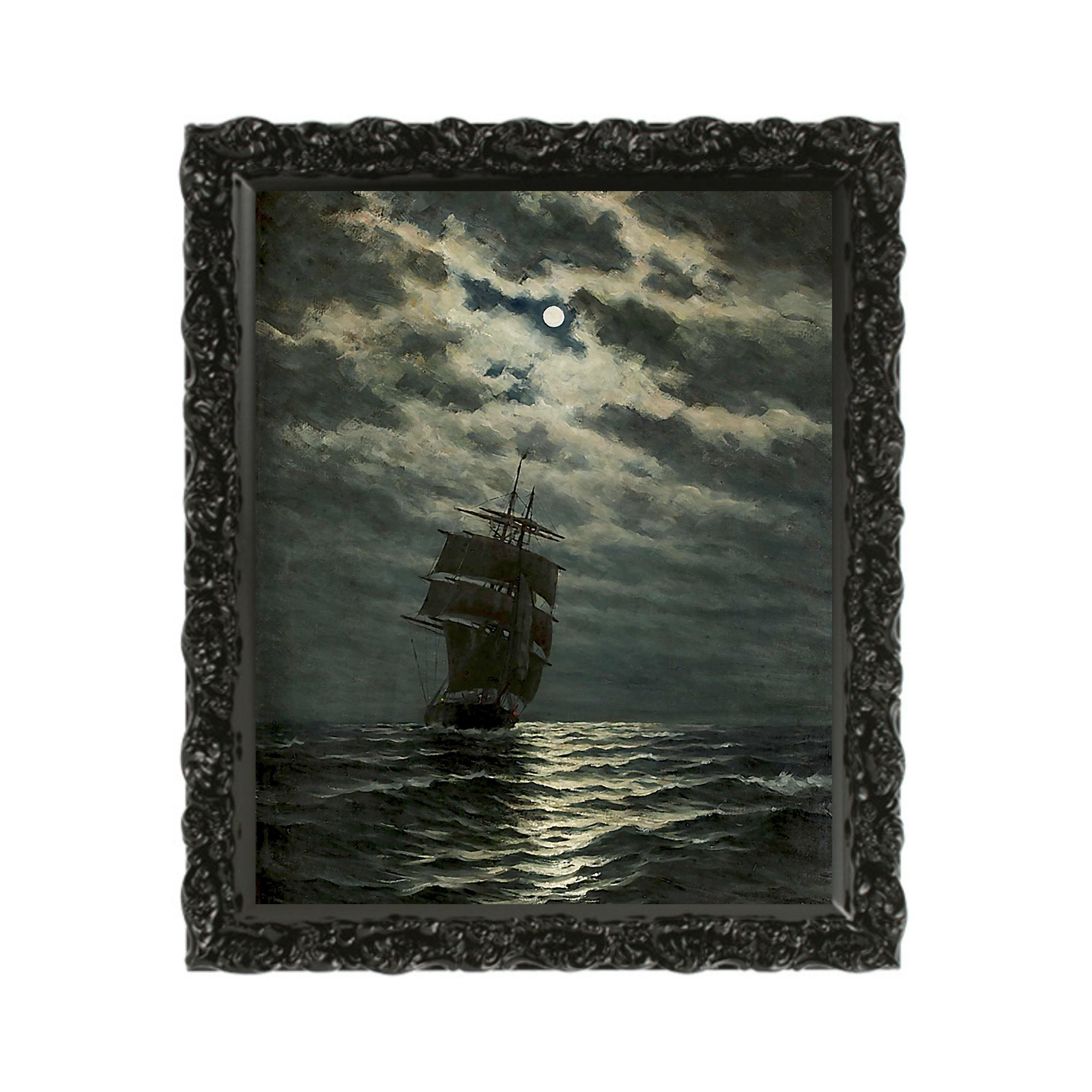 Moonlit Ship Art Print - Dark Aesthetic Digital Download, Nautical Night Seascape, Ocean Vessel in Moonlight Wall Art, Printable Decor