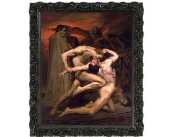 May include: A framed oil painting depicting a scene from Dante's Inferno. Two nude figures wrestle in a fiery landscape, while a cloaked figure watches from the background. The painting is set against a backdrop of red and orange hues, with a dark, ominous sky.