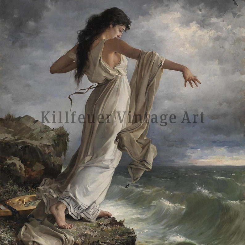 Peut inclure: Peinture vintage d'une femme en robe blanche sur une falaise, regardant une mer orageuse. Elle a de longs cheveux noirs et tend les bras. Une lyre dor&eacute;e repose sur les rochers. Le texte "Killfeuer Vintage Art" est visible. Th&egrave;me classique.
