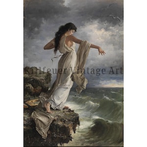 Peut inclure: Impression d'art vintage d'une femme en robe blanche sur une falaise surplombant une mer orageuse. L'&oelig;uvre pr&eacute;sente des nuages dramatiques, des vagues d&eacute;ferlantes et un go&eacute;land dans le ciel. Le texte "Kilfeuer Vintage Art" est visible.