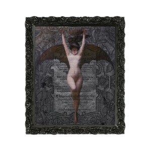 The Bat Woman on Vintage Bible Page, Retro Bat Lady Wall Art Print, Unique Esoteric Housewarming Gift, Dark Aesthetic Winged Lady, PRINTABLE