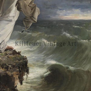 Peut inclure: Peinture &agrave; l'huile repr&eacute;sentant une figure en robes blanches sur une falaise surplombant une mer agit&eacute;e. Les vagues s'&eacute;crasent sur le rivage sous un ciel nuageux et dramatique. L'&oelig;uvre est sign&eacute;e "Killfeuer Vintage Art".