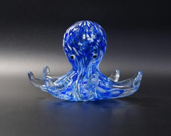 Vintage Murano Style Blue & White Ocean Swirl Glass Octopus – 8 Legs Paperweight Figurine