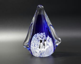 Hand-Blown Murano-Style Art Glass Penguin Paperweight Cobalt Blue Clear Glass