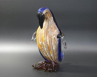 Handcrafted Art Glass Penguin 8.5" Cobalt Blue Gold Striped Vintage Decor