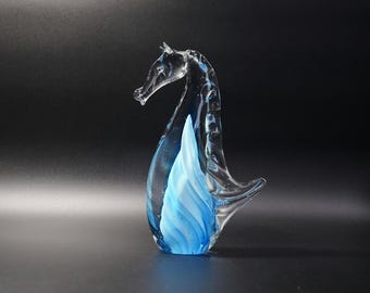 Hand Blown Glass Seahorse Sculpture | Murano Style Art Glass Figurine | Blue White Swirl Ocean Decor | Nautical Home Gift