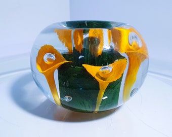 Vintage Paperweight Trumpet Orange Flowers Controlled Bubbles HTF Rare 4 inches 3lb weight Clear