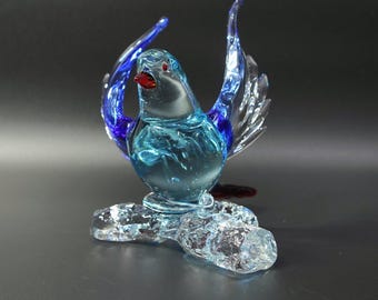 Vintage Murano Art Glass Bird on Branch | Ice Clear to Cobalt Blue & Orange | MCM Hand Blown Glass Figurine | 6.5" Animal Sculpture Decor