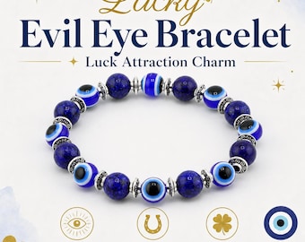 Lucky Evil Eye Bracelet, Lapis Lazuli Beads & Blue Nazar, Natural Stone Stretch Bracelet, Unisex Men Women, Handmade Protection Jewelry