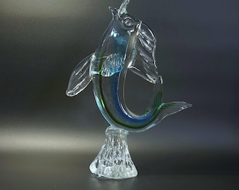 Large Murano Glass Fish Sculpture | Vintage 60s Venetian Dolphin Figurine | Mid Century Modern Blue Green Art Glass | MCM Coastal Decor