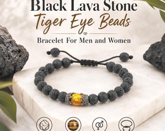 Black Lava Stone Bracelet w/ Crown Charm & Tiger Eye Bead | Adjustable Braided Unisex Bracelet Men Women | Mini Gift