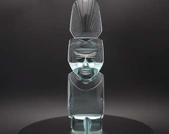 Aqua Glass Mayan Statue 8.5" | Polished Crystal Tiki Figurine | Aztec Inca Art Glass Sculpture | Tribal Home Decor | Blue Green Glass Idol