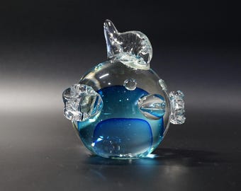 Vintage Murano Style Hand-Blown Art Glass Puff Fish Sculpture – Blue Turquoise Aqua Glass Figurine