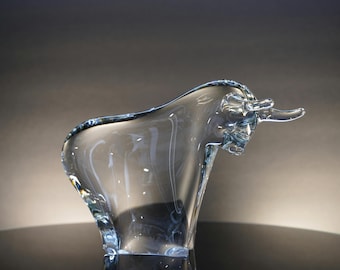 Vintage FM Konstglas Marcolin Crystal Bull Figurine Signed FM Ronneby Sweden c750 150 | 1970s Clear Art Glass Sculpture