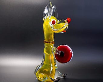 Vintage Murano Sommerso Glass Dachshund Figurine w/ Red Drum • Amber-Yellow Dog Sculpture • Vincenzo Nason Italy • Mid-Century Art Glass