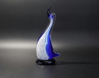 Vintage Murano Style Art Glass Swan Duck Blue White Speckle 8" Figurine Decor Gift