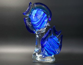 11” Blue & White Angel Fish Murano Style Art Glass Figurine Sculpture | Vintage Coastal Nautical Home Decor Collectible