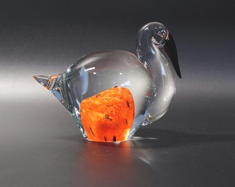 Vintage Murano Style Hand-Blown Art Glass Turkey Paperweight – Clear Body Orange Black Mottled Core