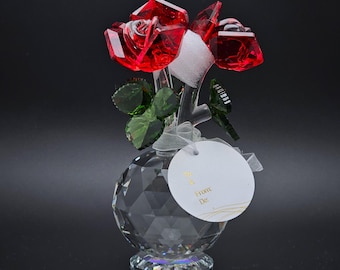 Red Crystal Glass Flower Ornament | Rose Bouquet | Mom Birthday Gift | Forever Rose Keepsake | Romantic Anniversary Gift for Her