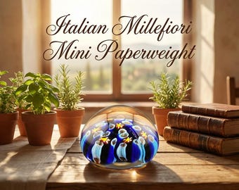 Vintage Hand Blown Blue Art Glass Millefiori Paperweight - 90s Italian Mini Decor