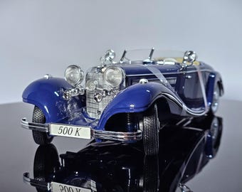 Mercedes Benz 500K Typ Special Roadster 1936 – Maqueta a escala azul fundida a presión – Coche descapotable vintage coleccionable 1:18