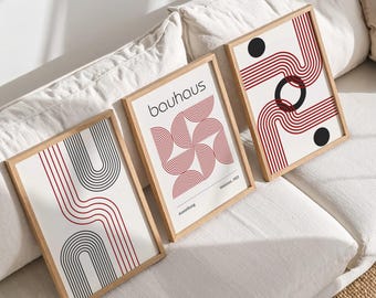 Set de 3 láminas decorativas Bauhaus para pared / Pack de pósteres abstractos rojos y negros / Decoración geométrica moderna minimalista / Láminas imprimibles estilo exposición vintage