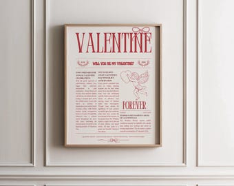 Valentine Newspaper Wall Art | Vintage Love Poster, Romantic Red Bow Valentines Day Print, Coquette Cupid Party Artwork, Gift Idea for Her