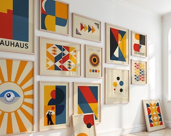 Bauhaus Wall Art Set of 14 Printable Posters, Abstract Geometric Prints, Mid Century Modern Decor Set, Colourful Retro Art, Digital Download