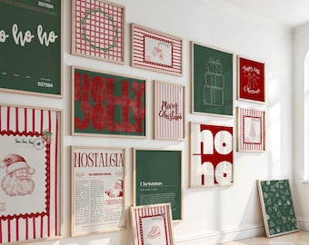 Vintage Retro Christmas Digital Prints Set of 14 | Green Red Nostalgic Holiday Wall Art | Cozy Printable Xmas Decor for Farmhouse Decoration