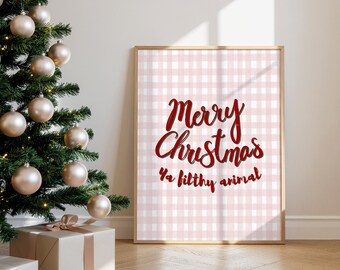 Merry Christmas Ya Filthy Animal Printable – Funny Red Green Plaid Vintage Wall Art, Playful Gingham Holiday Quote Poster,Digital Download