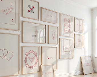 Hand Drawn Love Wall Art, Romantic Valentine Decor Set of 14 Posters, Handwritten Quotes Print,Feminine Gallery Printable for Valentines Day