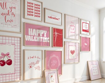 Valentine Gallery Wall Art Set of 14 Prints| Retro Love Wall Art, Romantic Valentine Decor Poster, Pink and Red Valentines Day Printable