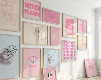 Pink Coquette Halloween Wall Art Set of 14 | Pastel Fall Decor | Pink Pumpkins & Aesthetic Printable Posters | Digital Download Autumn Print
