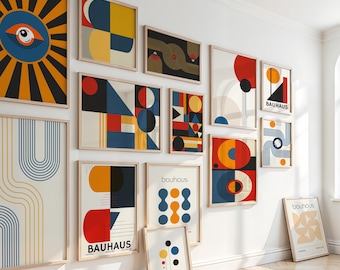 Juego de 14 impresiones de arte mural Bauhaus / Pósteres abstractos modernos de mediados de siglo / Formas geométricas retro / Rojo, azul, amarillo intenso, imprimible digital