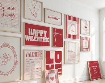 Valentine Gallery Wall Art Set of 14 Prints,Romantic Red Cream Home Decor Bundle,Vintage Love Quotes,Couple Hearts Valentines Digital Poster