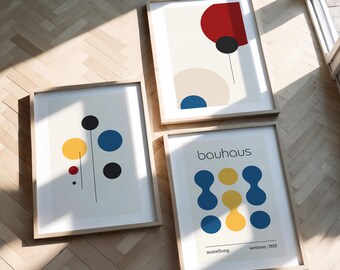Set de 3 pósteres Bauhaus / Arte mural abstracto de círculos coloridos / Póster imprimible de líneas geométricas modernas / Exposición minimalista de mediados de siglo