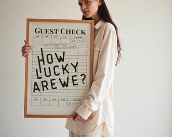 How Lucky Are We Guest Check Print, Café Aesthetic Wall Art, Minimalist Quote Poster, Neutral Vintage Receipt Decor, Modern Printable Art
