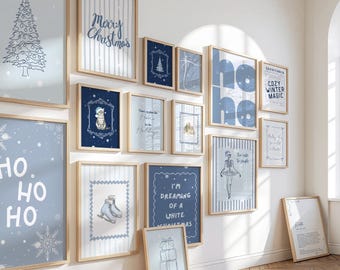 Blue White Christmas Wall Art Set of 19 Prints | Cozy Winter Holiday Decor | Minimalist Navy Printable Posters | Modern Xmas Digital Bundle