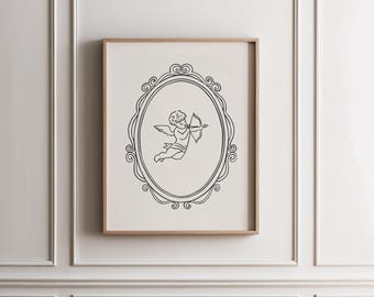 Black Cupid Wall Art | Vintage Valentine Print, Romantic Oval Frame Poster, Coquette Line Angel Decor, Printable Valentines Day Gift Idea